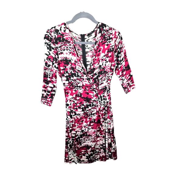 Rena Lange Pink Black White Abstract Print Dress US 12 EU 38 Ruched V Neck Chic - Picture 1 of 13